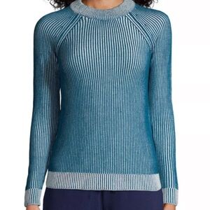 Lands’ End Drifter Sweater Women’s Small Teal White Ribbed Cotton Pullover‎